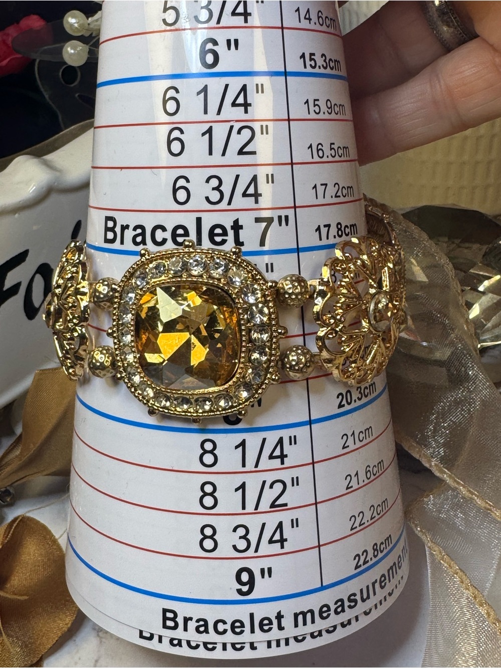 Gold Tone Filigree Statement Bracelet with Amber Gem - Picture 6 of 6